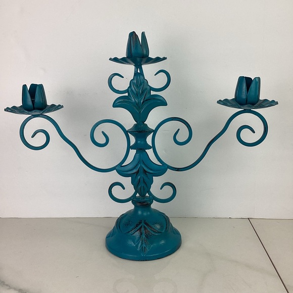 Art Nouveau Candelabra Opera Cast Iron Victorian Blue 3 Stick Tulip Head Deco